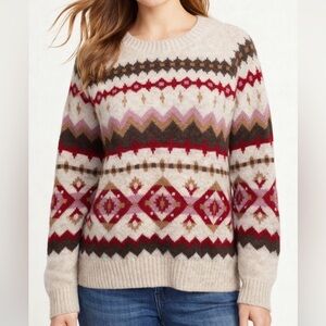 Old Navy Women’s Size M Fair Isle Cream Crew Neck Sweater Pink Burgundy Nordic